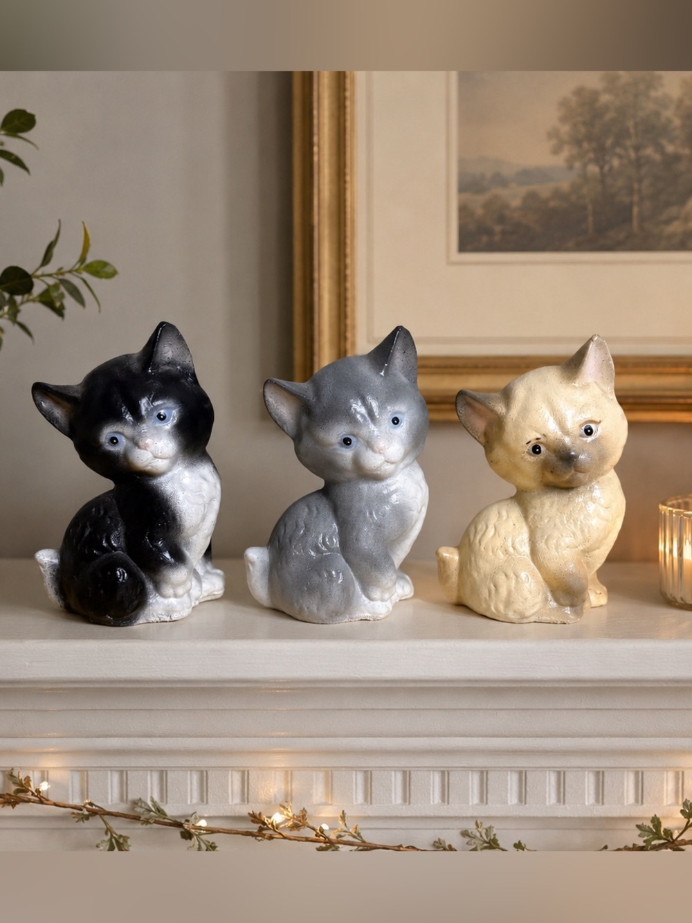 Vintage Set of 3 Ceramic Cat Figurines – Heavy Mid-Century Style Decor
